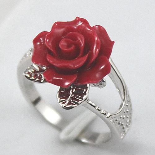 Beautiful Hand Carved Red Coral Flower Ring size: 7 8 9