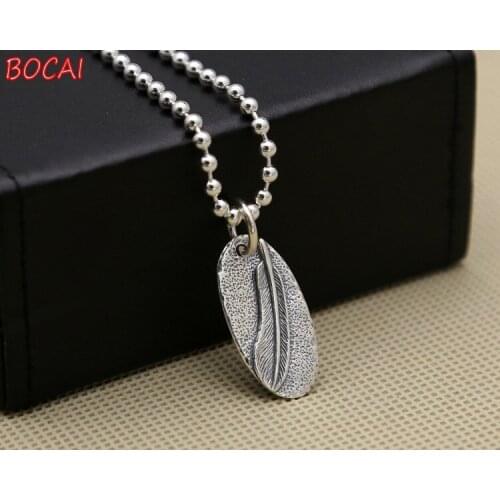 Real S925 Sterling Silver Fashion Jewelry Lady Small Feather Carving Small Tag Korean Personality Pendant