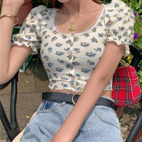 Square Collar Button Ximenkou Slim Naked Belly Button Shirt Ladies Summer Floral Print T-shirt Puff Sleeves Fashion And Sweet