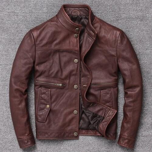 Mens Genuine Leather Jacket Cowhide Short Slim-Fit Jacket Retro Distressed Motorcycle Coat