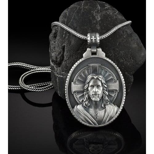 Christian Jesus Mens Pendant Catholic Cross Necklace Vintage Religious Accessories Jesus Commemorative Medal