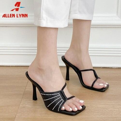 Office Ladies Slippers Female Concise Temperament Matures Mules Crystal Thin High Heels Women Slides Square Toe Ladies Shoes