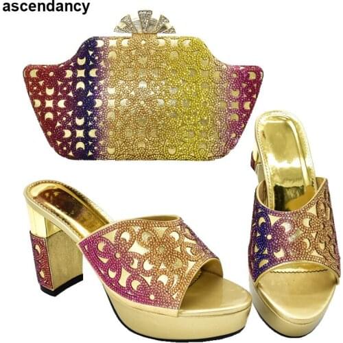 Latest Nigerian Shoe and Bag Set for Women African Wedding Shoes and Bag Set Decorated with Rhinestone Elegant Crystal Shoes