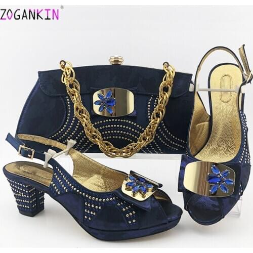 New Arrival Summer Dark Blue Sandals Shoes And Bags Set Fashion Nigerian Women High Heels Shoes And Bag Set For Evening Party