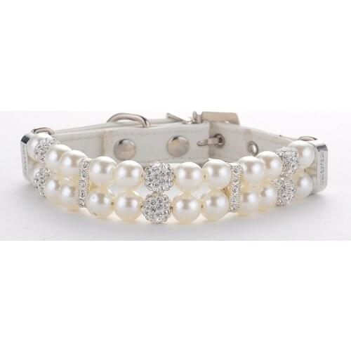 Dog Pearl Collars Handmade PU Leather Dog Collars Pearl Rhinestones Cat Straps Dog Leashes Black Pearl Collars for Pets