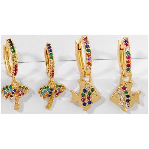 Fish tree multicolor Brass micro pave cz zircon cubic zirconia drop Hoop Earrings copper gold plated crystal studs hjvg3