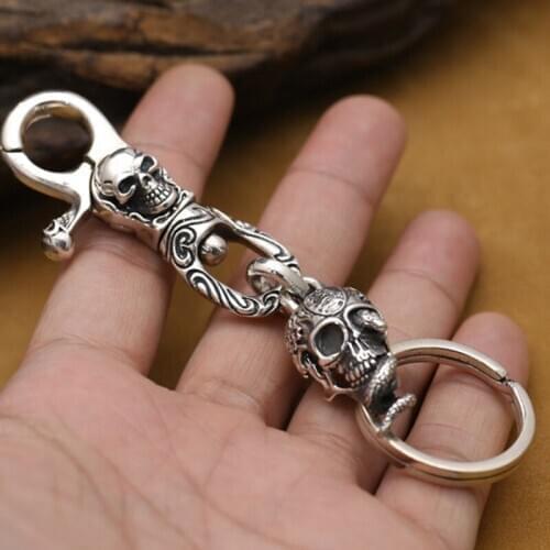 925 Sterling Silver skull & snake collectible mens keyring key ring keychain
