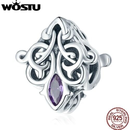 WOSTU 925 Sterling Silver Vintage Pattern Bead Purple Zircon Charm Dangle Pendant Fit Original Bracelet DIY Jewelry CQC1930