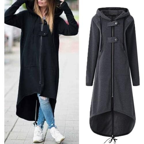 Autumn Winter Women Trench Fashion Hooded Zipper Long Trench Fleece Women Causal Solid Irregular Pocket Long Trench