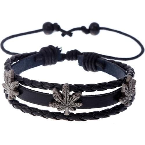 Vintage Handmade Leaf Alloy Accessories Multilayer Leather Bracelet Men Fashion Braiding Rope Wrap Bracelets & Bangles Male Gift