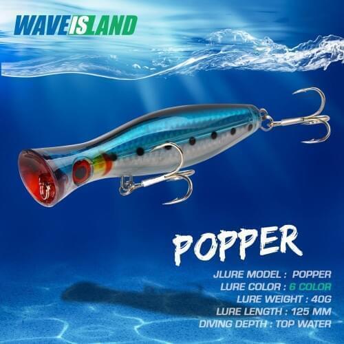 WAVEISLAND New Large Popper Fishing Lures 40g/12.5cm Top Water Isca Artificial Hard Bait Fishing Tackle Articulos De Pesca