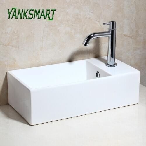 YANKSMART Bathroom Ceramics Basin Sink + Chrome Single Handle Faucet Deck Mounted Brass Faucets Cold & Hot Mixer Tap