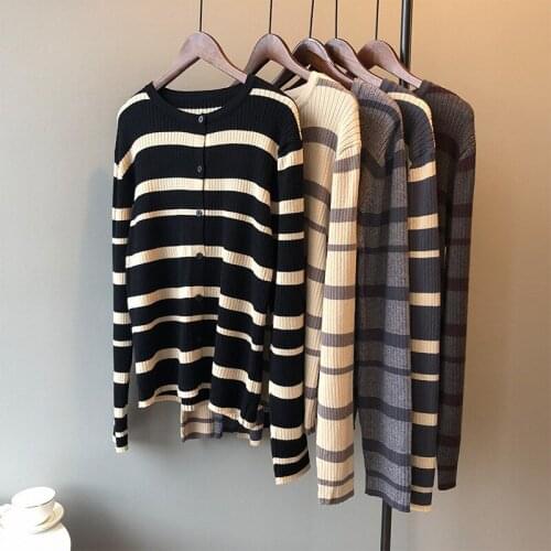 2020 Striped round neck long-sleeved knitted women retro slim bottoming shirt top Jumper Female Knitting Wool Fashion