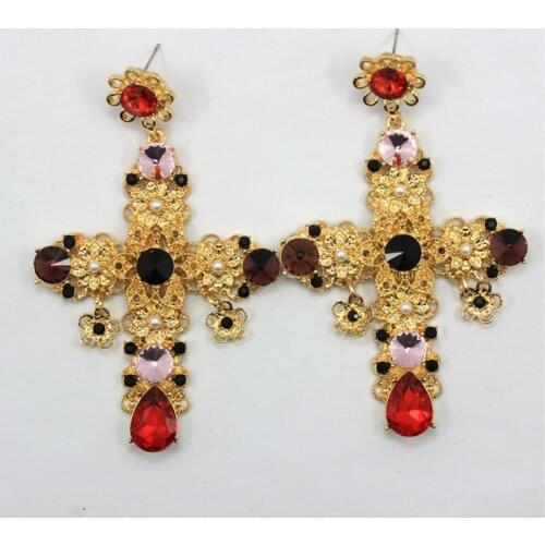 2016 Fashion Baroque Large Big Cross Earrings Black/Red Crystal Exaggeration Dangle Ear Jewelry pendientes Statement Femme Gift