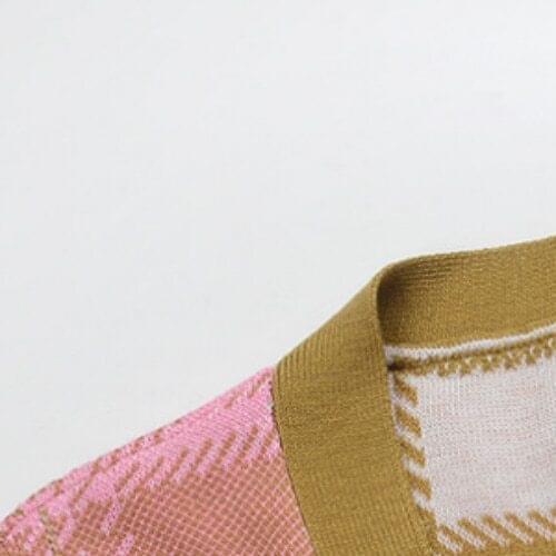 V Neck Plaid Cardigan Women Loose Single Breasted Knitted Sweater Casual Jacket