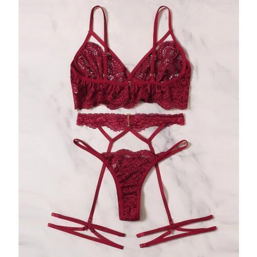 Sexy Lingerie Bra Set Womens Sexy Lace Red Sling Bra Thong Garter Underwear Set S-XL Sleepwear Lingerie Sets Lenceria 661BRS10