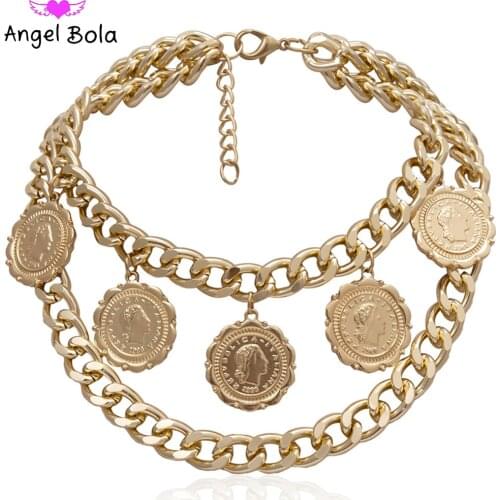 Fashion Retro Geometric Thick Chain Multi-layer Womens Charm Jewelry Necklace Personality Portrait Pendant Tassel Necklace