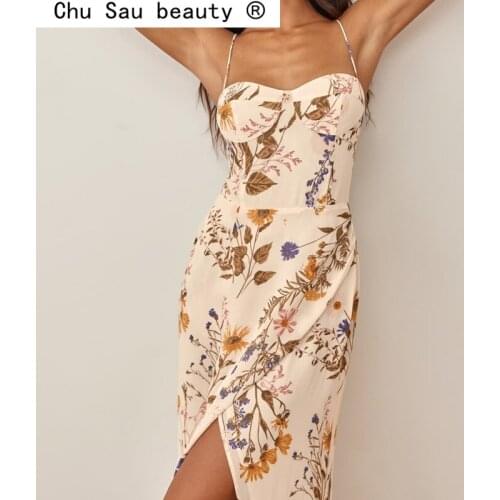 2021 New Fashion Sexy Party Evening Chic Floral Print Sling Dress Women Summer Holiday Style Backless Split Midi Dresses Female