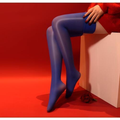 8D Vintage Sexy HIgh Stockings Glossy Oil Shiny Stockings for Women Sheer See Through Rib Top Sexy Lingerie Candy Color F10