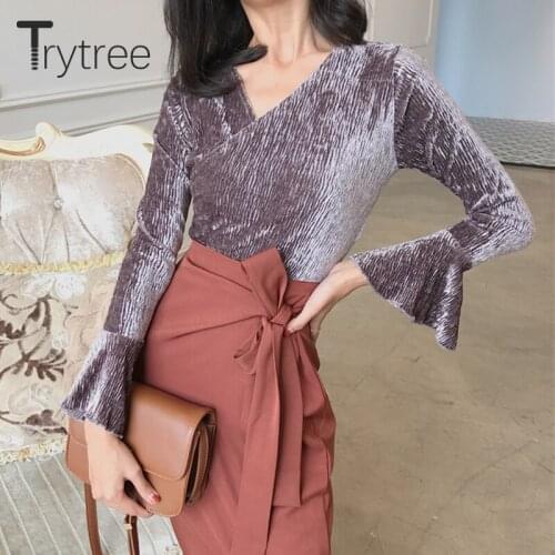 Ttytree 2020 Spring Autumn Blouses Casual Women Blouse V-neck Solid Flare Sleeve Vintage Temperament Fashion Office Lady Blouse