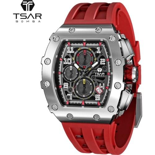 TSAR BOMBA Mens Watches Luxury Sport Chronograph Quartz Wristwatch Sapphire Glass Stainless Steel Tonneau Design Watch for Men