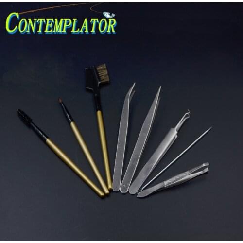 CONTEMPLATOR 8pcs Fly Tying Tools Anti-static Tweezers&Bodkin&Dubbing Brushes Hackle Fiber Tool Variety Stainless Tweezer Set