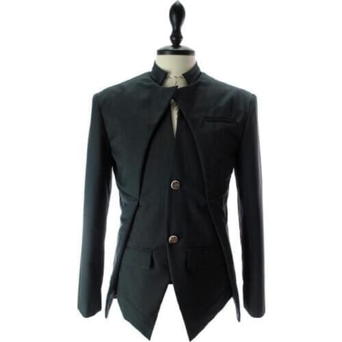 2020 Spring autumn mens Asymmetric design slim Small suit male Fake two pieces Business Casual Standing collar jacket coat Top