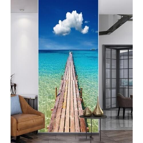 Wooden Bridge With Sea View DIY Door Stickers Home Decoration Wall Stickers Bedroom Kitchen Art Mural Peel & Stick PVC Wallpaper