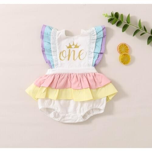 Infant Baby Girl 1st Birthday Bodysuits Lace Sleeveless Letter Print Jumpsuit Cute Baby Girl Ruffles Tutu Bodysuit