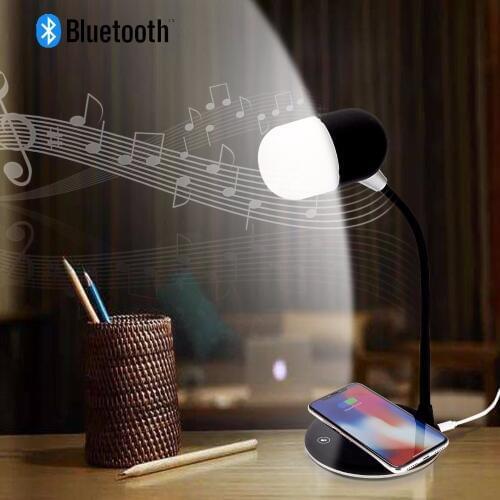 Flexible gooseneck LED desk lamp USB charging with wireless charger bluetooth speaker table light Smart Touch Dimmer lighting