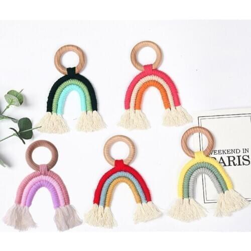 5Colors Newborn Baby Wooden Teething Ring Child Room Rainbow Hanging Tassel Macrame Boho Infant Toddlers Nursing Teether Toy