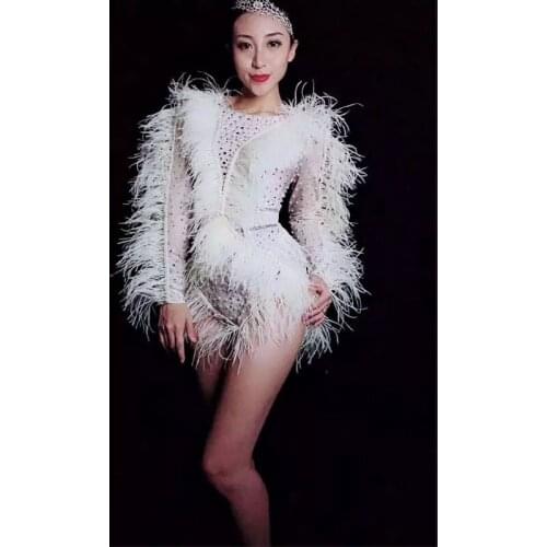 Nightclub Lady Singer Costume White Feathers Pearls Bodysuit Sparkly Crystals Tights Stage Wear Dancer Jazz Performance Costume