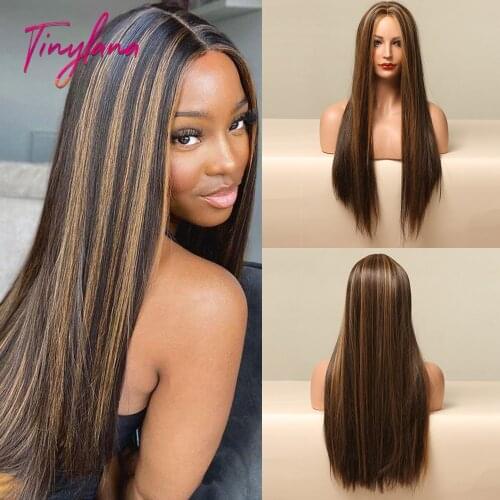 TINY LANA Long Brown Blonde Highlight Hairline Part Lace Front Wigs for Women Straight Synthetic Natural Hair Heat Resistant