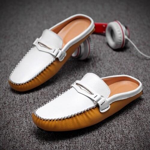 Summer large shoes semi trailer leather casual shoes Doudou shoes luxury designer brand flat loafer zapatos hombre Сандалии38-47