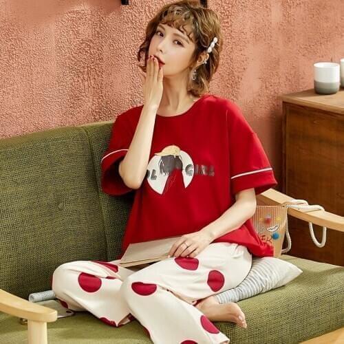 Summer Cotton Women Pajamas Set Cartoon Pyjamas Womens Short Sleeve Round Neck Sleepwear Loose Plus Size M-4XL Pijama Mujer