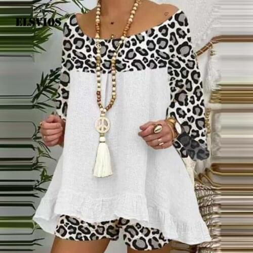 Summer New Fashion Women Leopard Print Loose Plus Size Cotton Linen Pullover Top Shorts Two Piece Suit Casual Elegant Slim Sets