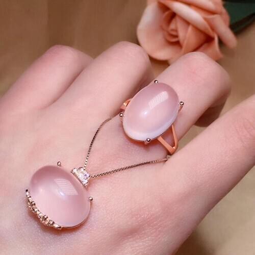 The best gift for Anniversary Natural Rose Quartz jewelry set Natural Real Rose Quartz 925 sterling silver 1pc pendant,1pc ring