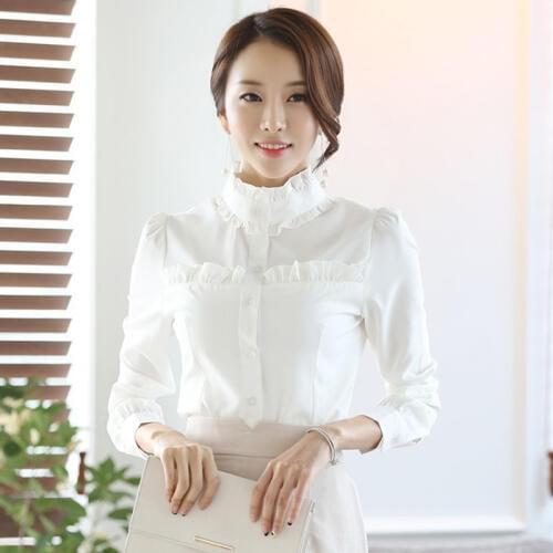 The new spring blouse women stand collar long sleeve white shirts womens Slim wood ear shirt OL occupation plus size blusas