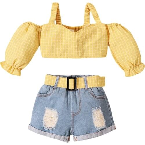 1-5Y Kids Baby Girl Summer Sets Fashion Off Shoulder Straps Crop Tops Plaids T-shit+Ripped Denim Shorts Girl Outfits Streetwear