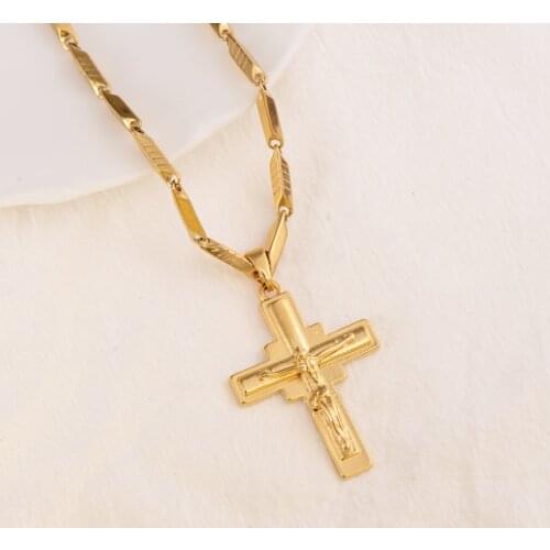 Retro Cross Pendant THAI BAHT G/F Gold 18 k Solid Fine Yellow Charms Lines Necklace Christian Jewelry Factory God Classics