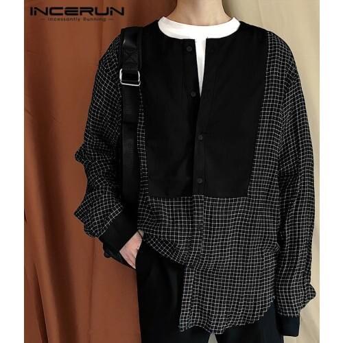 INCERUN Vintage Men Casual Shirt Cotton Plaid Patchwork Long Sleeve Button Tops Streetwear Loose Spring Korean Leisure Camisas