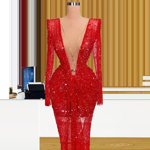 Sexy Deep V Neckline Long Sleeves Formal Dress Sheer Lace Evening Dresses Long Sheath Wedding Guest Gown Free Tailored