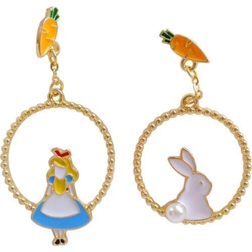 Fairy Tales Cute kawaii White Rabbit Alice in Wonderland Clip Earrings No Piercing Princess Fairy Round Earrings