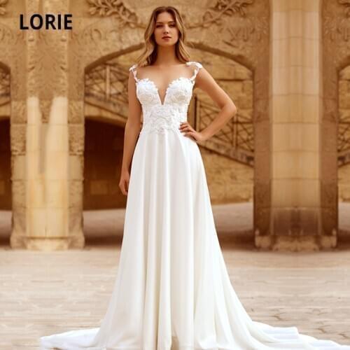 LORIE Boho Wedding Dresses O-Neck Appliques Lace Chiffon A-Line Cap Sleeves See Through Back Bridal Gown Wedding suknia ślubna