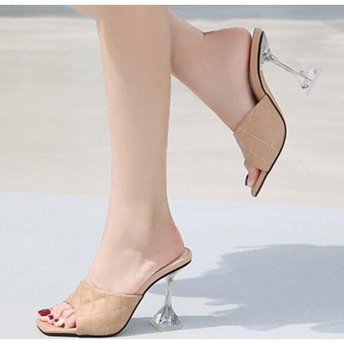 Plus size 35-46 women slippers design braided crystal wine glasses with thick high heels shoes plus size