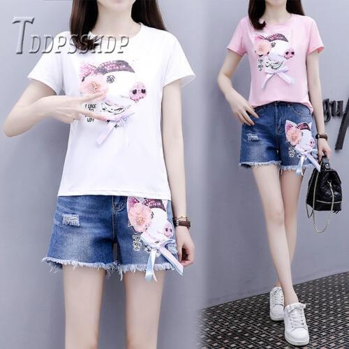 2019 Summer Women Sets Cartoon Pig T Shirt and Denim Shorts Female Sets