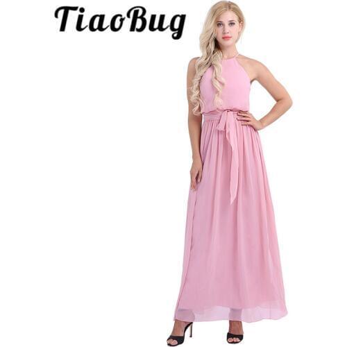 TiaoBug Women Ladies Sleeveless Halter Chiffon Bridesmaid Dresses Full Length Prom Gown Pleated A-Line Long Wedding Party Dress