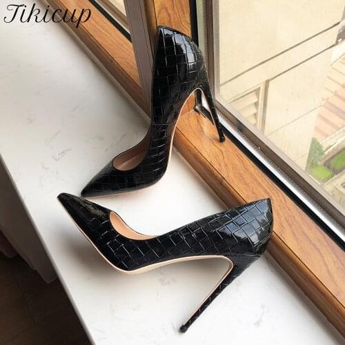 Tikicup Black Plaid Embossed Women Sexy Pointy High Heels Ladies Slip On Party Dress Shoes Chic Designer Stiletto Pumps 33-45