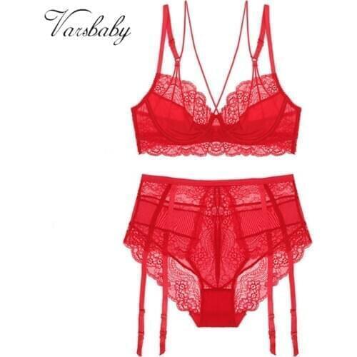 Varsbaby womens sexy lace deep V Y-line straps underwear unlined beauty back bra and thongs set