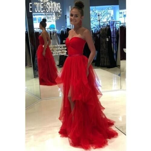 E JUE SHUNG Red Sleeveless Wedding Dresses Sweetheart Backless High Split Wedding Bridal Gowns Ruffle Tulle Vestido De Noiva